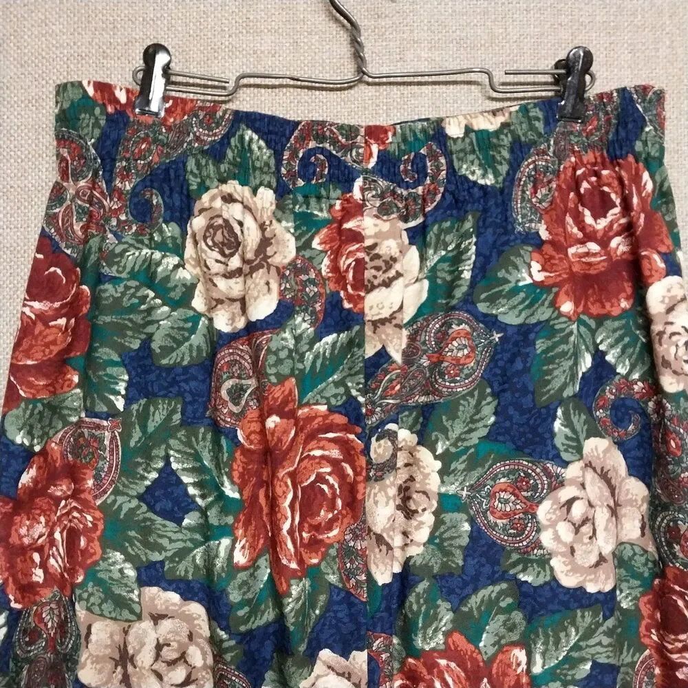Vintage Kathie Lee Rich Orange Beige Blue Floral Skirt Pleated Maxi USA  Size 10